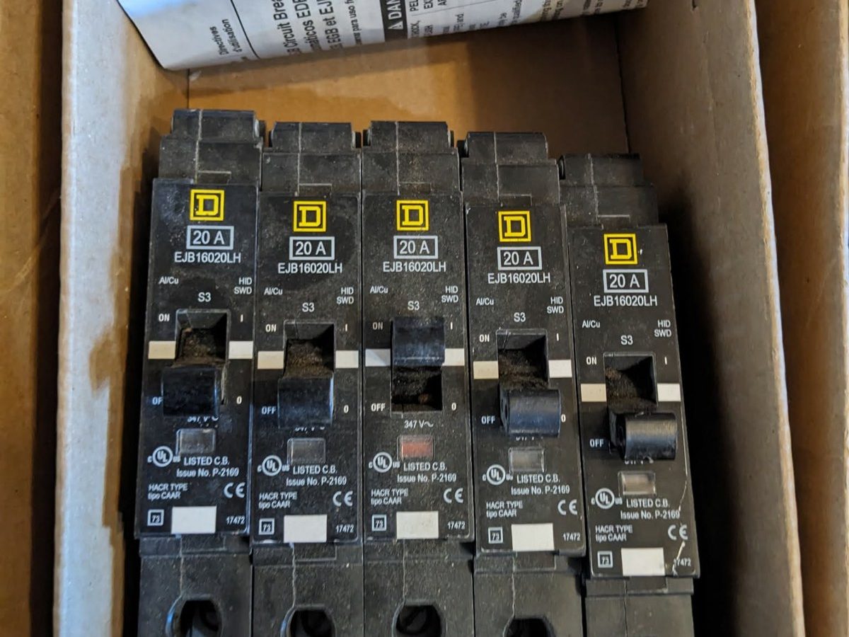 Square D EJB16020LH circuit breakers — 20 A single-pole, HID/SWD, 5 available
