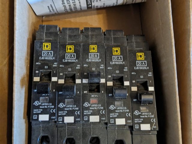 Square D EJB16020LH circuit breakers — 20 A single-pole, HID/SWD, 5 available