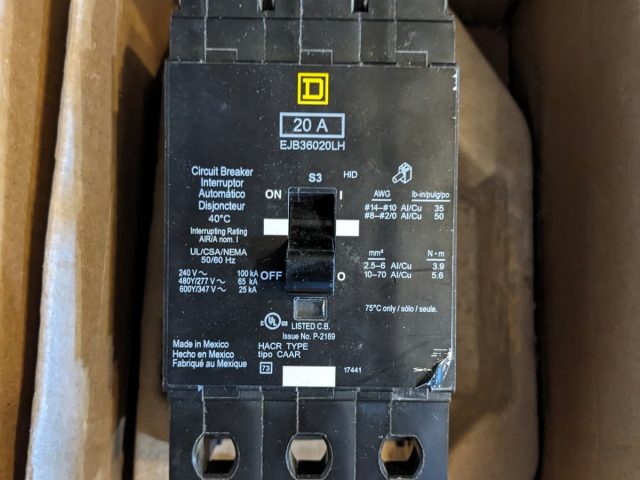 Square D EJB36020LH circuit breakers — 20 A, 3-pole, 2 available